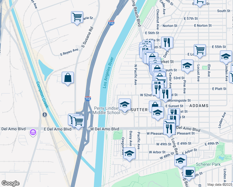 map of restaurants, bars, coffee shops, grocery stores, and more near 161 De Forest Avenue in Long Beach