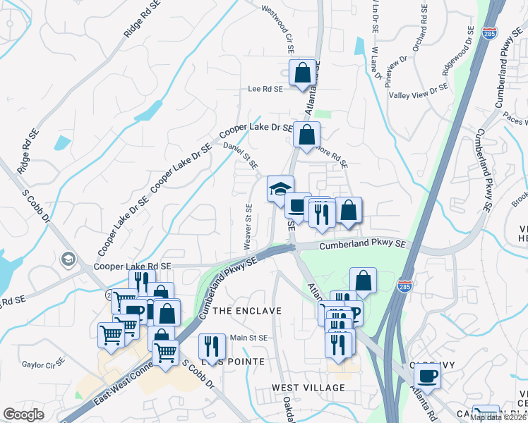 map of restaurants, bars, coffee shops, grocery stores, and more near 2147 Cooper Lake Road Southeast in Smyrna