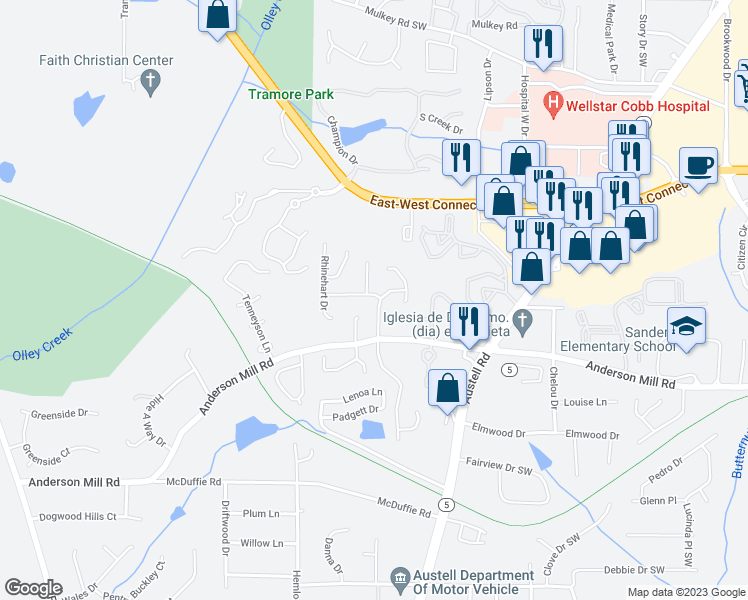 map of restaurants, bars, coffee shops, grocery stores, and more near 2001 Rhinehart Road in Austell