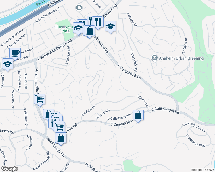 map of restaurants, bars, coffee shops, grocery stores, and more near 6641 East Canyon Hills Road in Anaheim