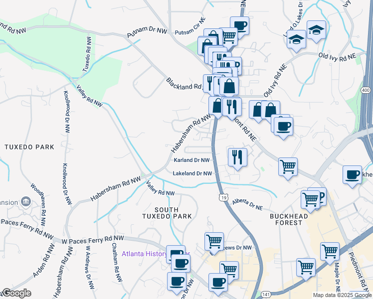 map of restaurants, bars, coffee shops, grocery stores, and more near 3510 Roswell Road Northwest in Atlanta