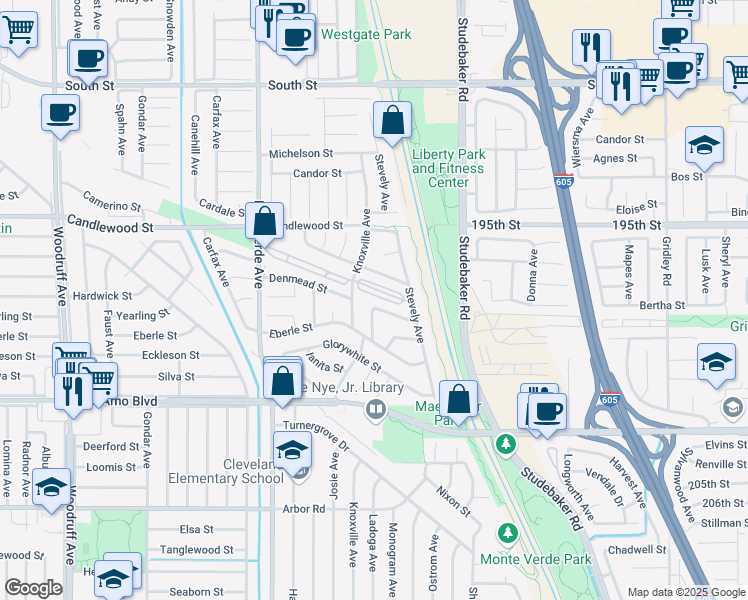 map of restaurants, bars, coffee shops, grocery stores, and more near 6705 Denmead Street in Lakewood