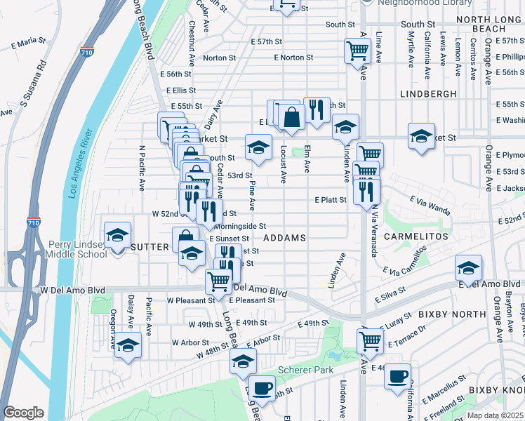 map of restaurants, bars, coffee shops, grocery stores, and more near 223 East 52nd Street in Long Beach