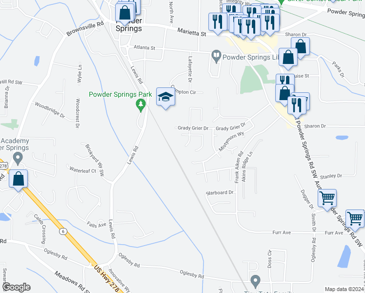 map of restaurants, bars, coffee shops, grocery stores, and more near 4212 New Towne Drive in Powder Springs