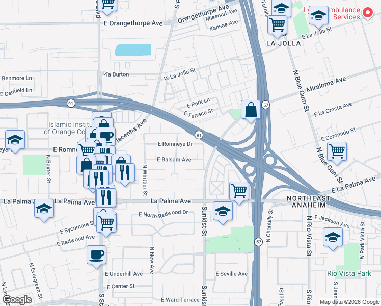map of restaurants, bars, coffee shops, grocery stores, and more near 1138 North Dagna Place in Anaheim