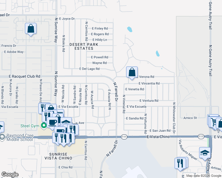 map of restaurants, bars, coffee shops, grocery stores, and more near 2318 East Acacia Road North in Palm Springs