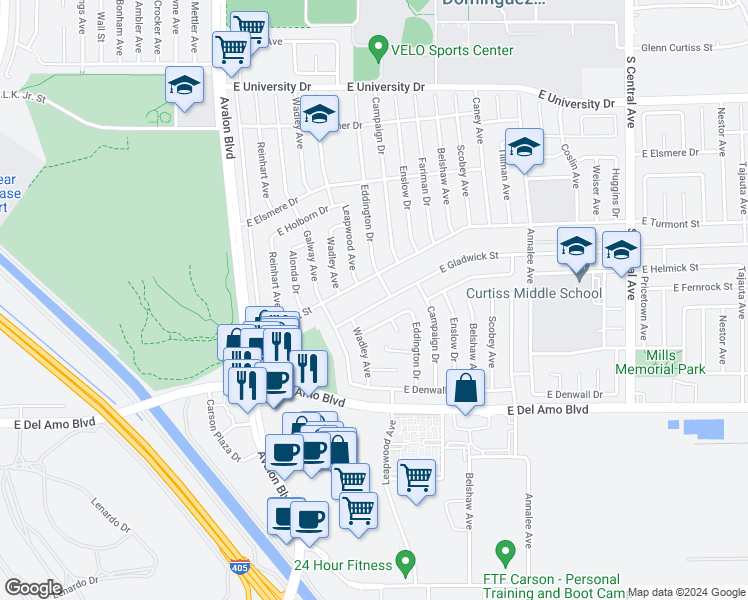 map of restaurants, bars, coffee shops, grocery stores, and more near 859 East Gladwick Street in Carson
