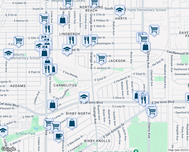 map of restaurants, bars, coffee shops, grocery stores, and more near 60 Via Martin in Long Beach
