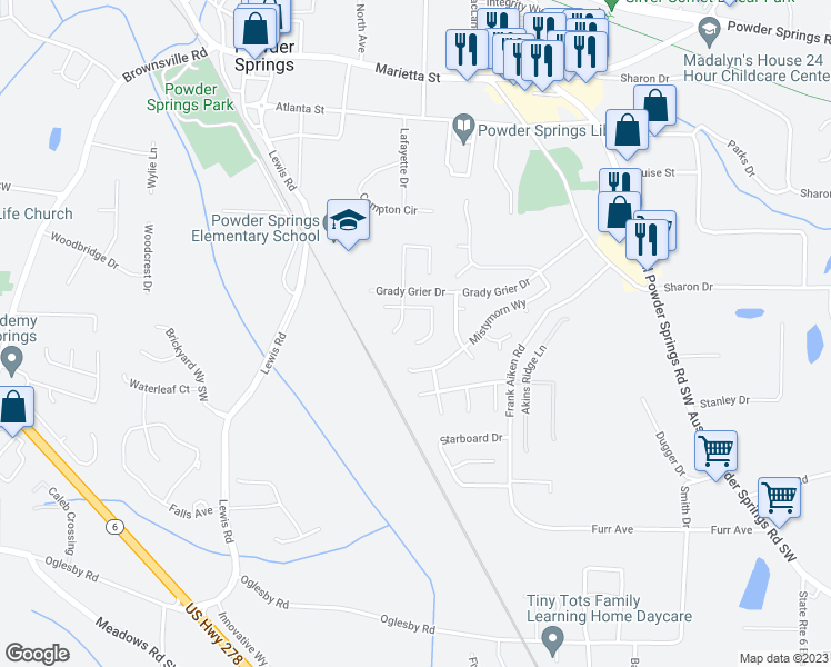 map of restaurants, bars, coffee shops, grocery stores, and more near 4221 Morningside Way in Powder Springs