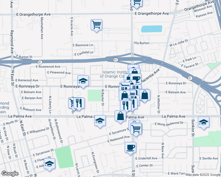 map of restaurants, bars, coffee shops, grocery stores, and more near 1751 East Warrenton Avenue in Anaheim