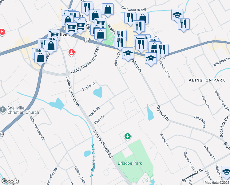 map of restaurants, bars, coffee shops, grocery stores, and more near 2485 Maple Street in Snellville