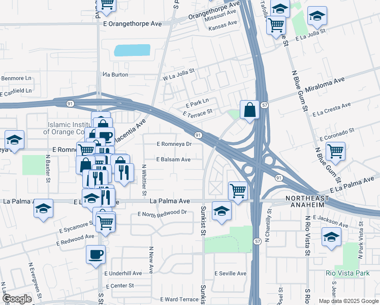 map of restaurants, bars, coffee shops, grocery stores, and more near 1138 North Dagna Place in Anaheim
