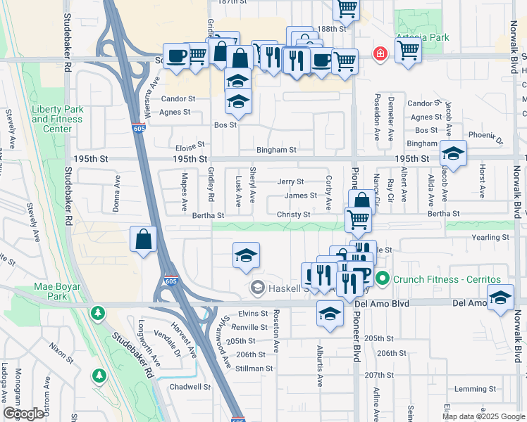 map of restaurants, bars, coffee shops, grocery stores, and more near 19731 Sally Avenue in Cerritos