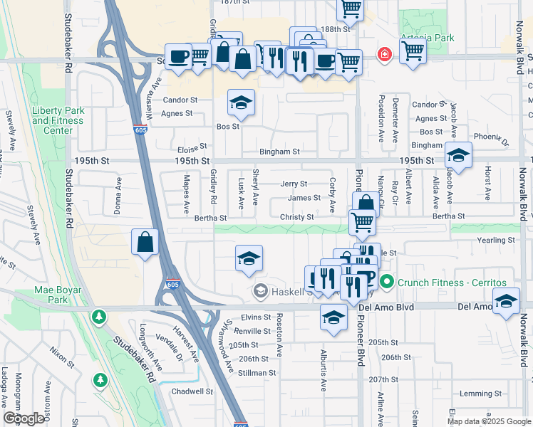 map of restaurants, bars, coffee shops, grocery stores, and more near 19731 Sally Avenue in Cerritos