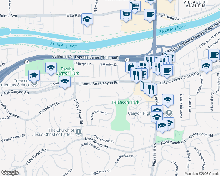 map of restaurants, bars, coffee shops, grocery stores, and more near 145 South Vista Grande in Anaheim