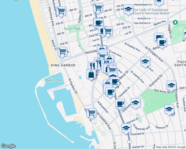 map of restaurants, bars, coffee shops, grocery stores, and more near 606 North Francisca Avenue in Redondo Beach