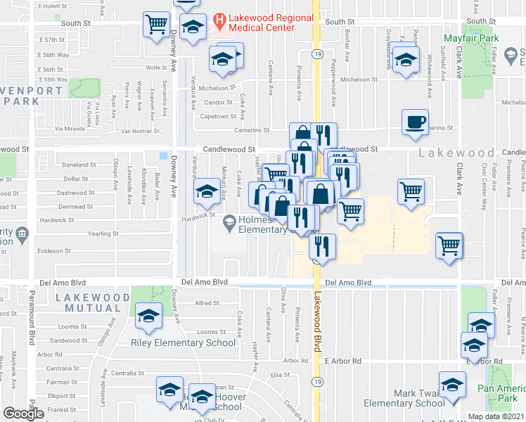 map of restaurants, bars, coffee shops, grocery stores, and more near 5104 Hayter Avenue in Lakewood