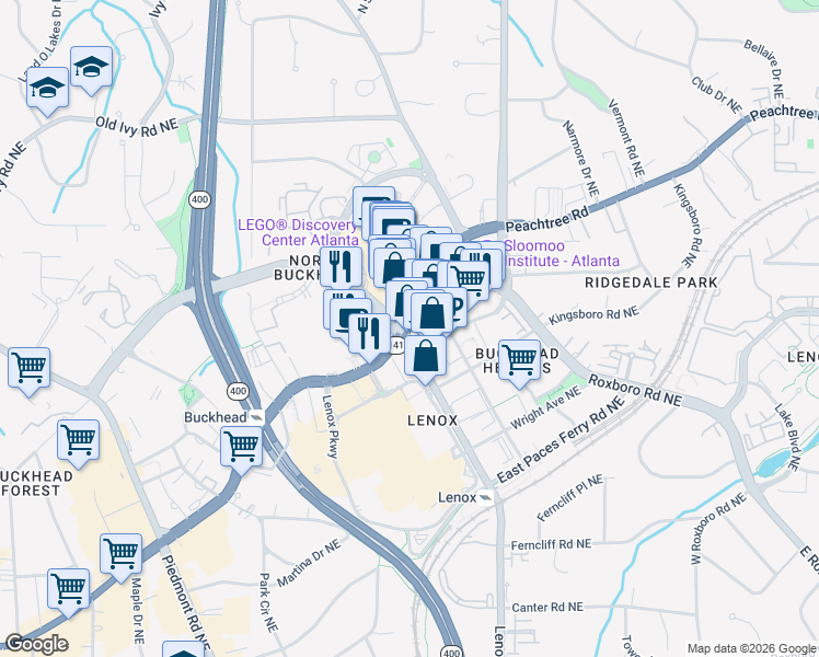 map of restaurants, bars, coffee shops, grocery stores, and more near 2161 Peachtree Road in Atlanta