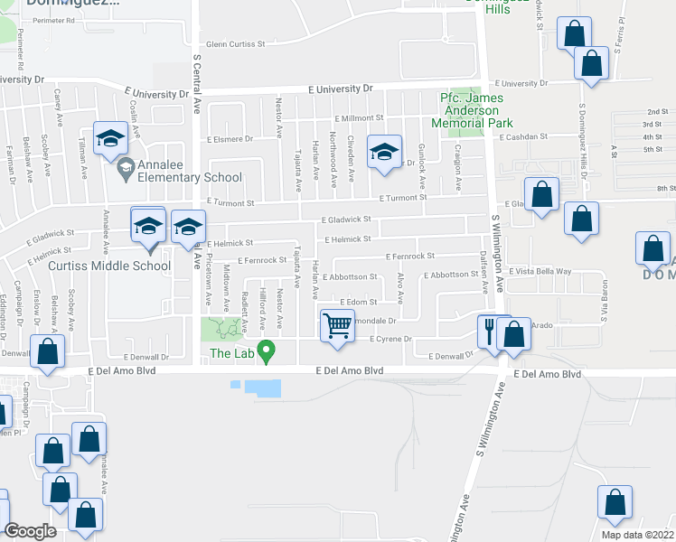 map of restaurants, bars, coffee shops, grocery stores, and more near 1629 East Abbottson Street in Carson