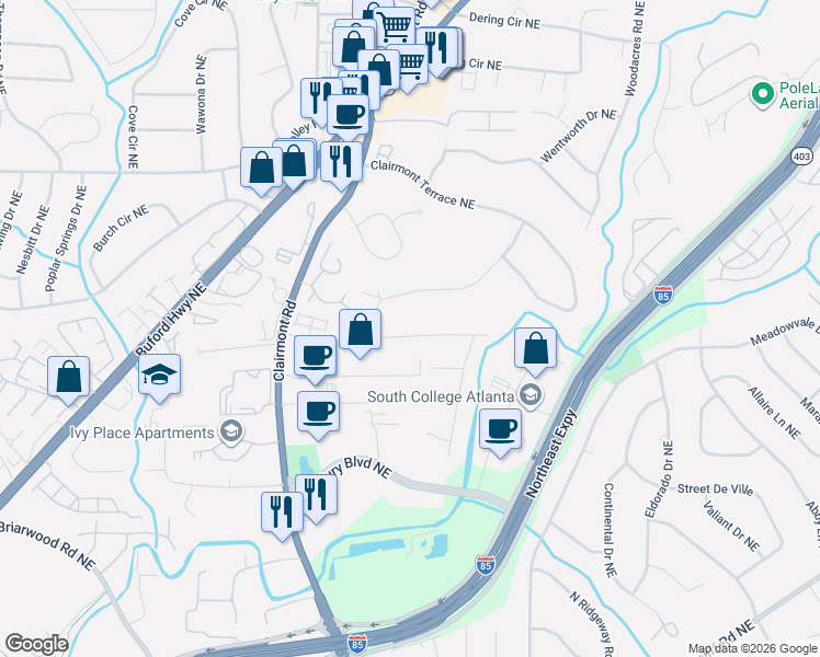 map of restaurants, bars, coffee shops, grocery stores, and more near 1914 McJenkin Drive Northeast in Atlanta