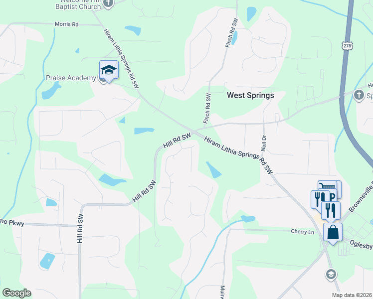 map of restaurants, bars, coffee shops, grocery stores, and more near 4302 Sorrells Drive in Powder Springs