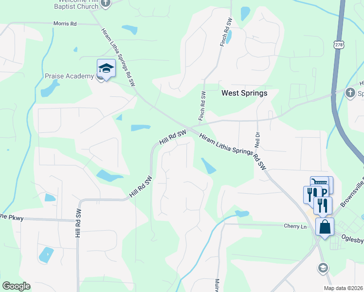 map of restaurants, bars, coffee shops, grocery stores, and more near 4302 Sorrells Drive in Powder Springs