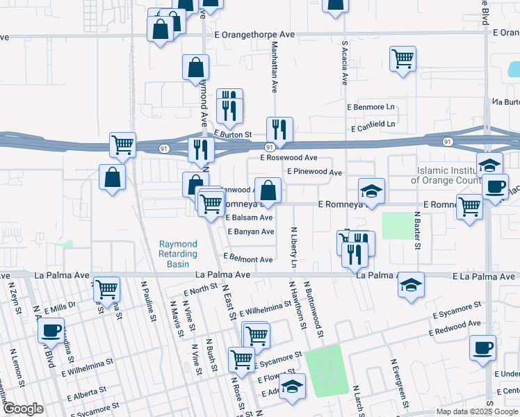 map of restaurants, bars, coffee shops, grocery stores, and more near 1316 East Romneya Drive in Anaheim