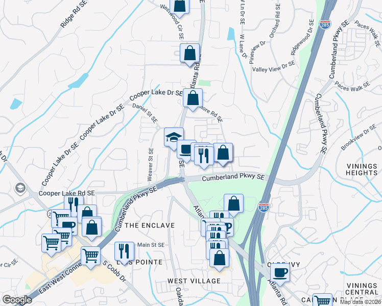 map of restaurants, bars, coffee shops, grocery stores, and more near 4206 Whitby Way Southeast in Smyrna