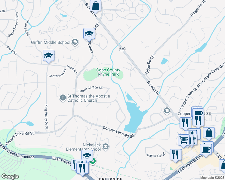 map of restaurants, bars, coffee shops, grocery stores, and more near 1283 Laurel Summit Drive in Smyrna