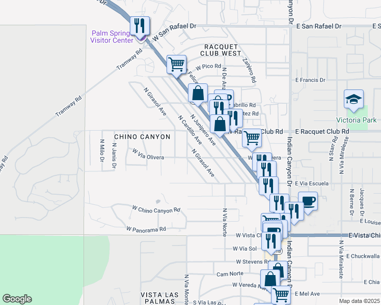 map of restaurants, bars, coffee shops, grocery stores, and more near 2301 North Via Monte Vista in Palm Springs