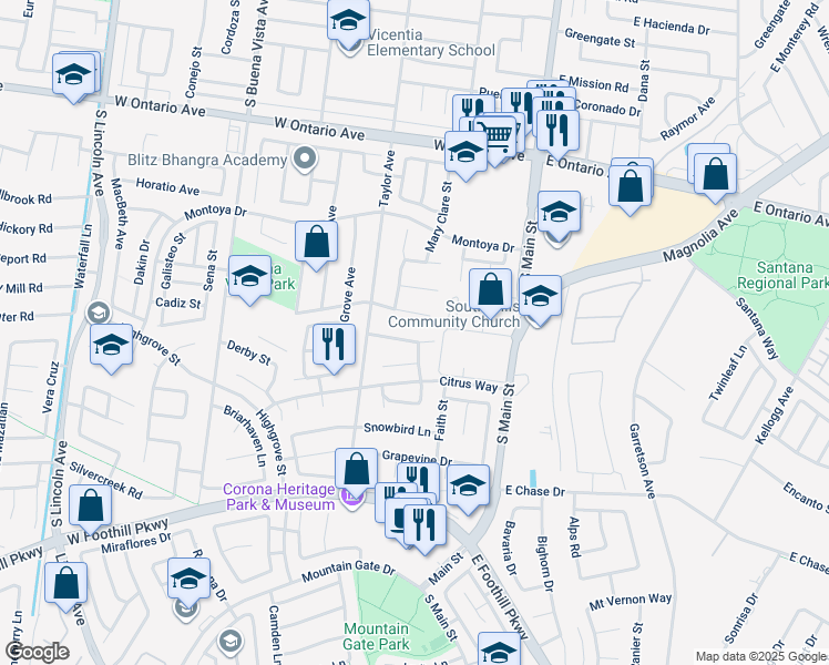 map of restaurants, bars, coffee shops, grocery stores, and more near 431 Redwing Drive in Corona