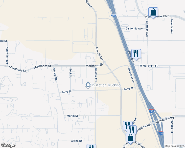 map of restaurants, bars, coffee shops, grocery stores, and more near 18583 Seaton Avenue in Perris