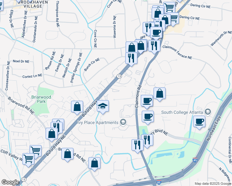 map of restaurants, bars, coffee shops, grocery stores, and more near 3649 Buford Highway Northeast in Atlanta