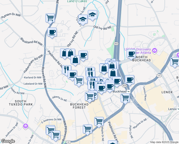 map of restaurants, bars, coffee shops, grocery stores, and more near 3475 Piedmont Road Northeast in Atlanta