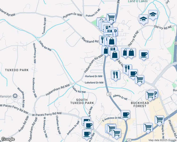 map of restaurants, bars, coffee shops, grocery stores, and more near 91 Karland Drive Northwest in Atlanta