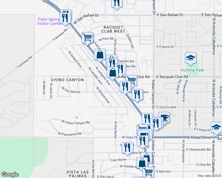map of restaurants, bars, coffee shops, grocery stores, and more near 2381 North Junipero Avenue in Palm Springs