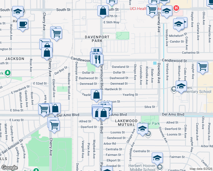 map of restaurants, bars, coffee shops, grocery stores, and more near 2712 Denmead Street in Lakewood