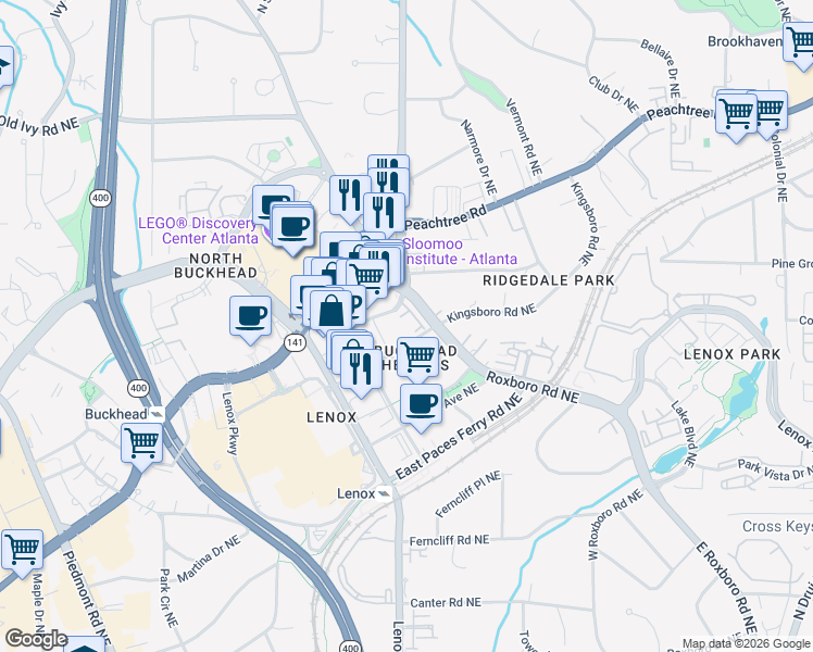 map of restaurants, bars, coffee shops, grocery stores, and more near 3460 Kingsboro Road Northeast in Atlanta