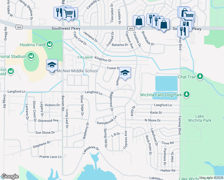 map of restaurants, bars, coffee shops, grocery stores, and more near 5101 Wildflower Lane in Wichita Falls