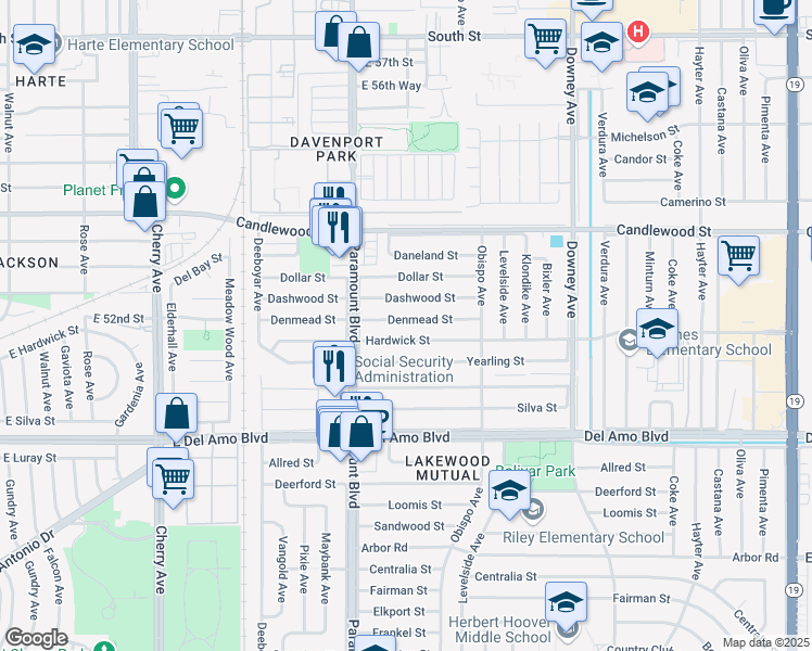 map of restaurants, bars, coffee shops, grocery stores, and more near 2808 Denmead Street in Lakewood