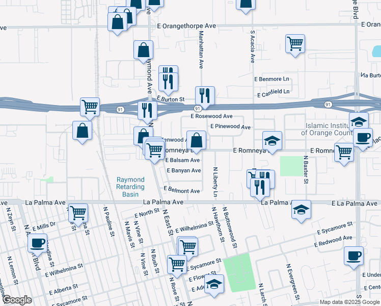 map of restaurants, bars, coffee shops, grocery stores, and more near 1316 East Romneya Drive in Anaheim