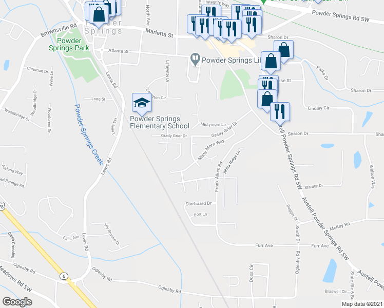 map of restaurants, bars, coffee shops, grocery stores, and more near 4307 Morningside Drive in Powder Springs