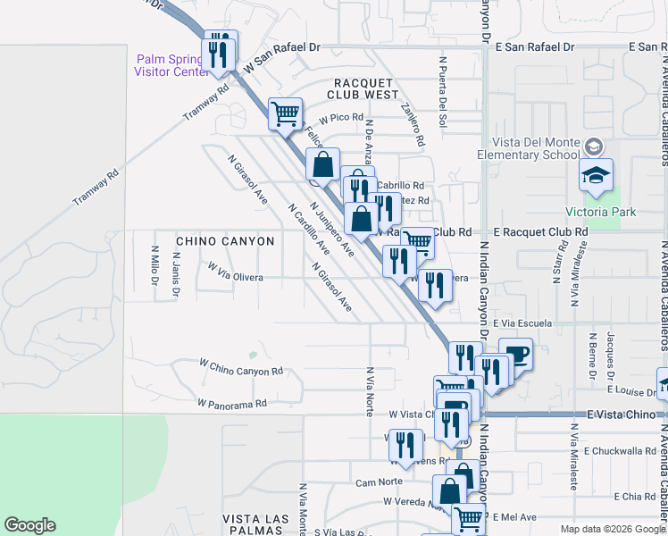 map of restaurants, bars, coffee shops, grocery stores, and more near 590 North Girasol Avenue in Palm Springs