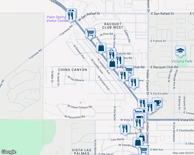 map of restaurants, bars, coffee shops, grocery stores, and more near 2301 North Via Monte Vista in Palm Springs