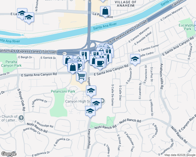 map of restaurants, bars, coffee shops, grocery stores, and more near 5650 East Santa Ana Canyon Road in Anaheim