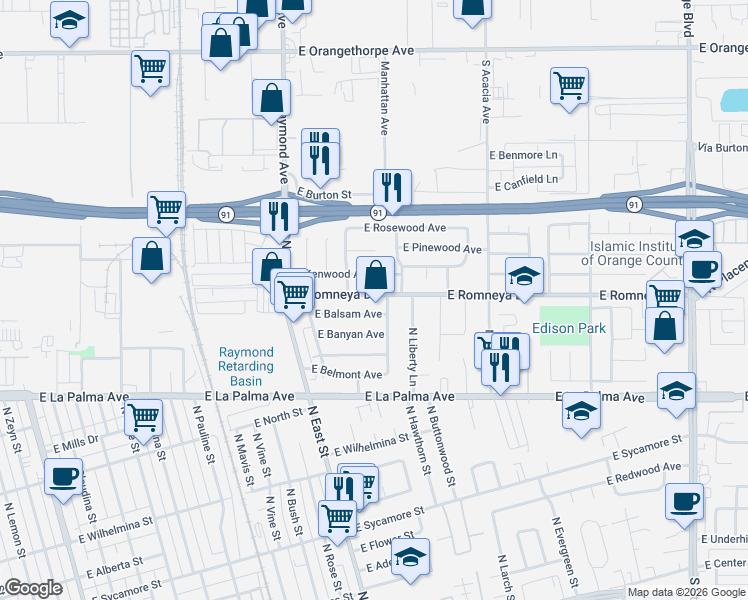map of restaurants, bars, coffee shops, grocery stores, and more near 1327 East Balsam Avenue in Anaheim