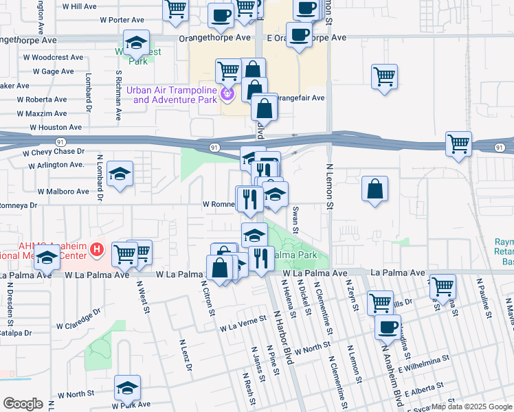 map of restaurants, bars, coffee shops, grocery stores, and more near in Anaheim