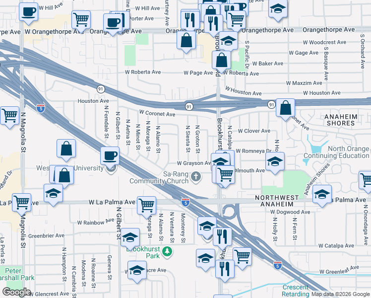map of restaurants, bars, coffee shops, grocery stores, and more near 1240 North Siesta Street in Anaheim