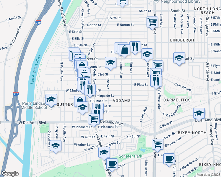 map of restaurants, bars, coffee shops, grocery stores, and more near 223 East 52nd Street in Long Beach