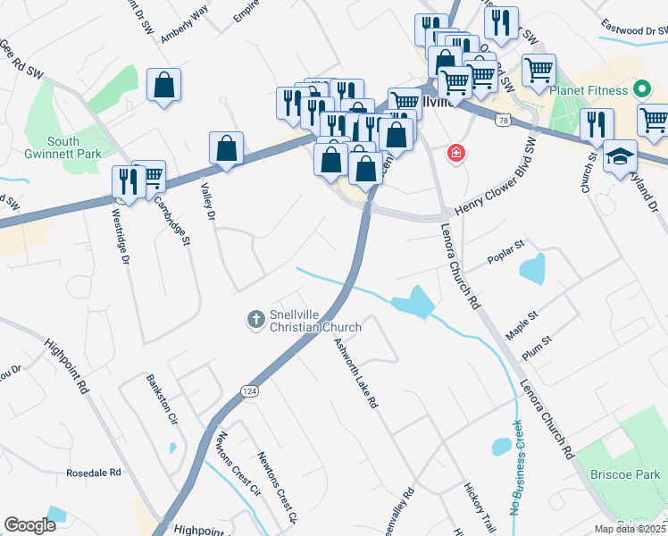 map of restaurants, bars, coffee shops, grocery stores, and more near 2429 Scenic Highway South in Snellville